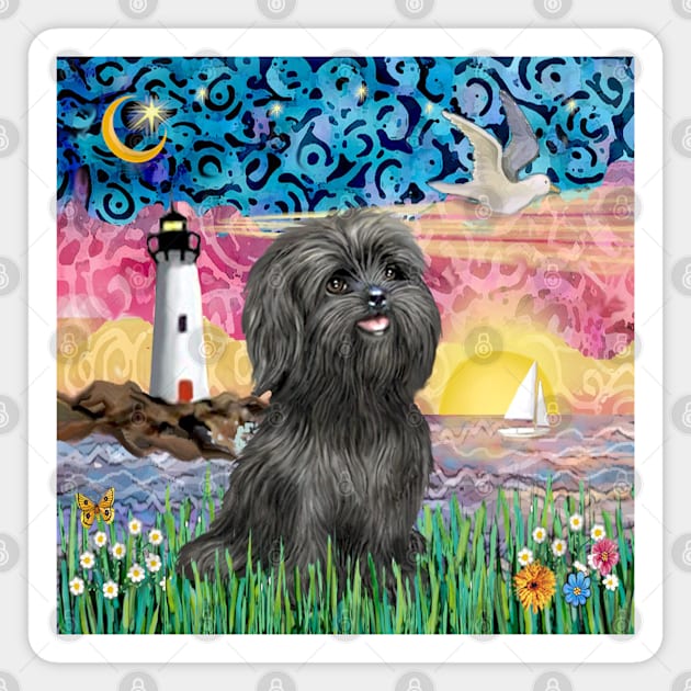 Black Shih Tzu at the Shore with a Lighthouse & a Seagull Magnet by Dogs Galore and More